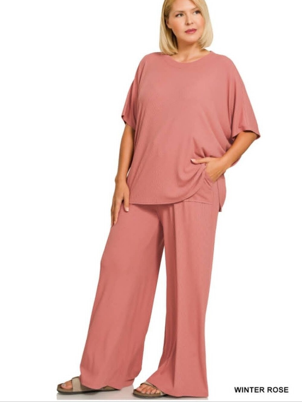 New Zenana Winter Rose 2 Piece Ribbed Rayon Relaxed Fit Set